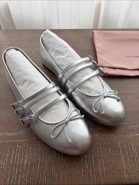 Stuart Weitzman Silver Metallic Ballet Flats with Bow
